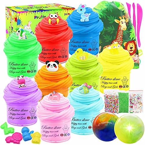 Butter Slime Kit for Kids with Colorful Slime Bucket 9 Pack, and Various of Slime Charms, Slime Making Tools & Storage Slime Bag - Party Favor Slime Kits for Girls Ages 5-12