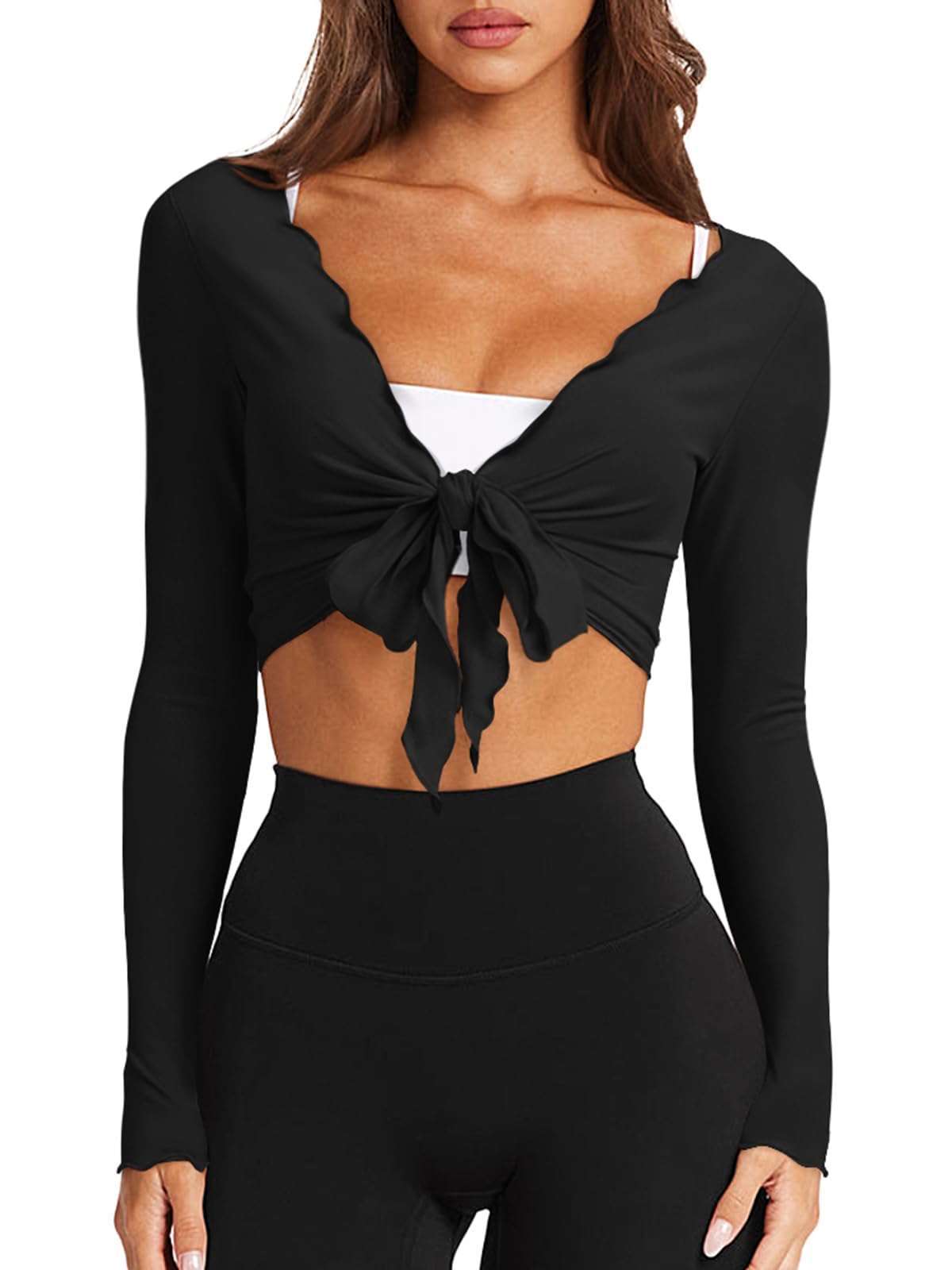 LASLULU Womens Tie Front Wrap Tops Long Sleeve Bolero Shrugs Crop Cardigan Yoga Ballet Cover up Tops Pilates