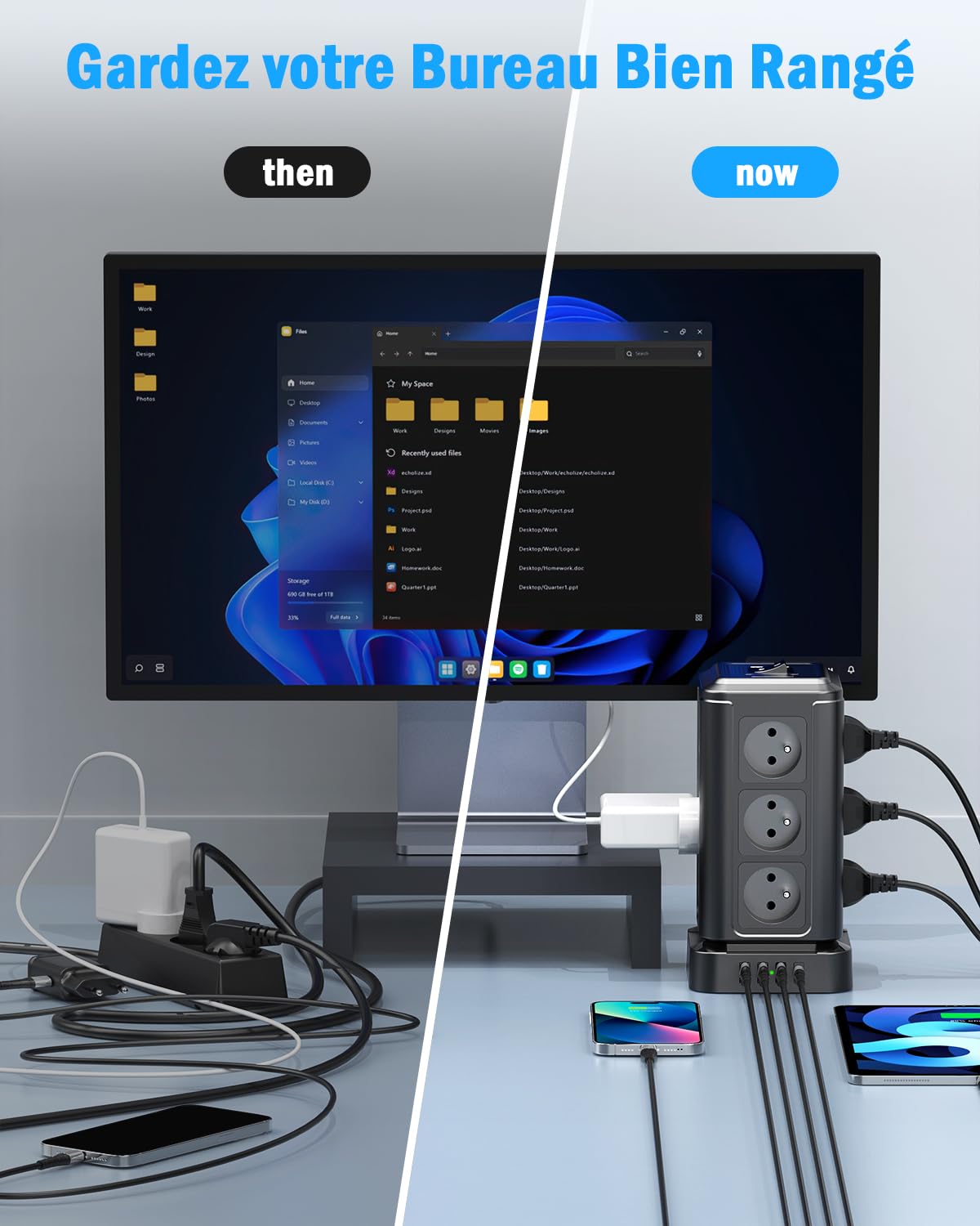 TOPREK Steckdosenleiste mit 12 französischen AC-Steckdosen und 1 USB C (20 W PD3.0) und 3 USB A und 1 Schalter und 2 m Verlängerungskabel, 4000 W/16 A