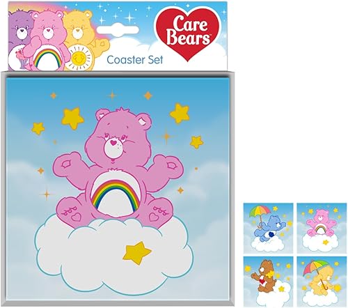Silver Buffalo Care Bears - Juego de 4 posavasos de cristal con oso animador, oso gruñón, oso tierno y oso Funshine, 5 x 1.5 x 4.5 pulgadas