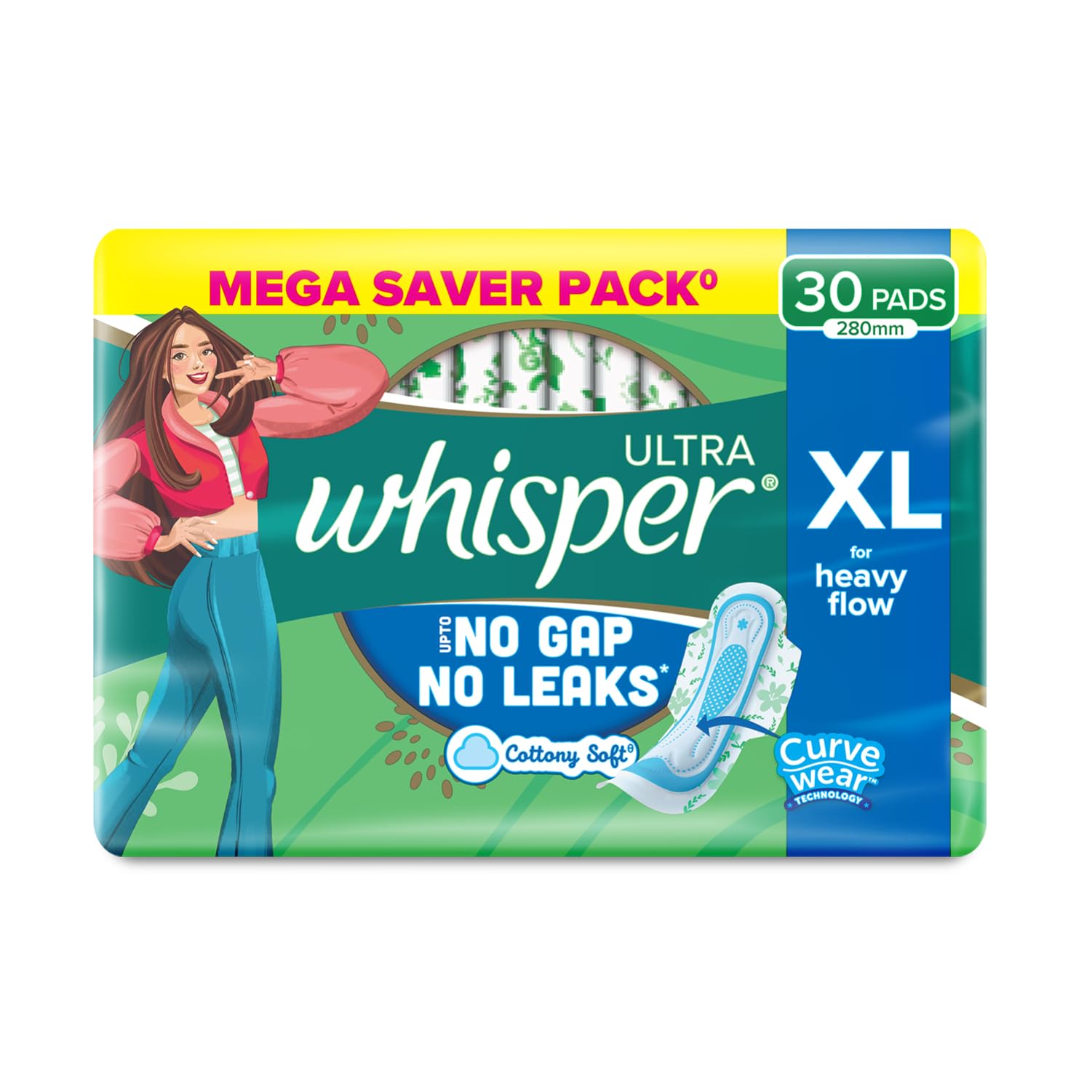 Whisper Ultra Clean Sanitary Pads for Women, XL, Pack of 30 Napkins