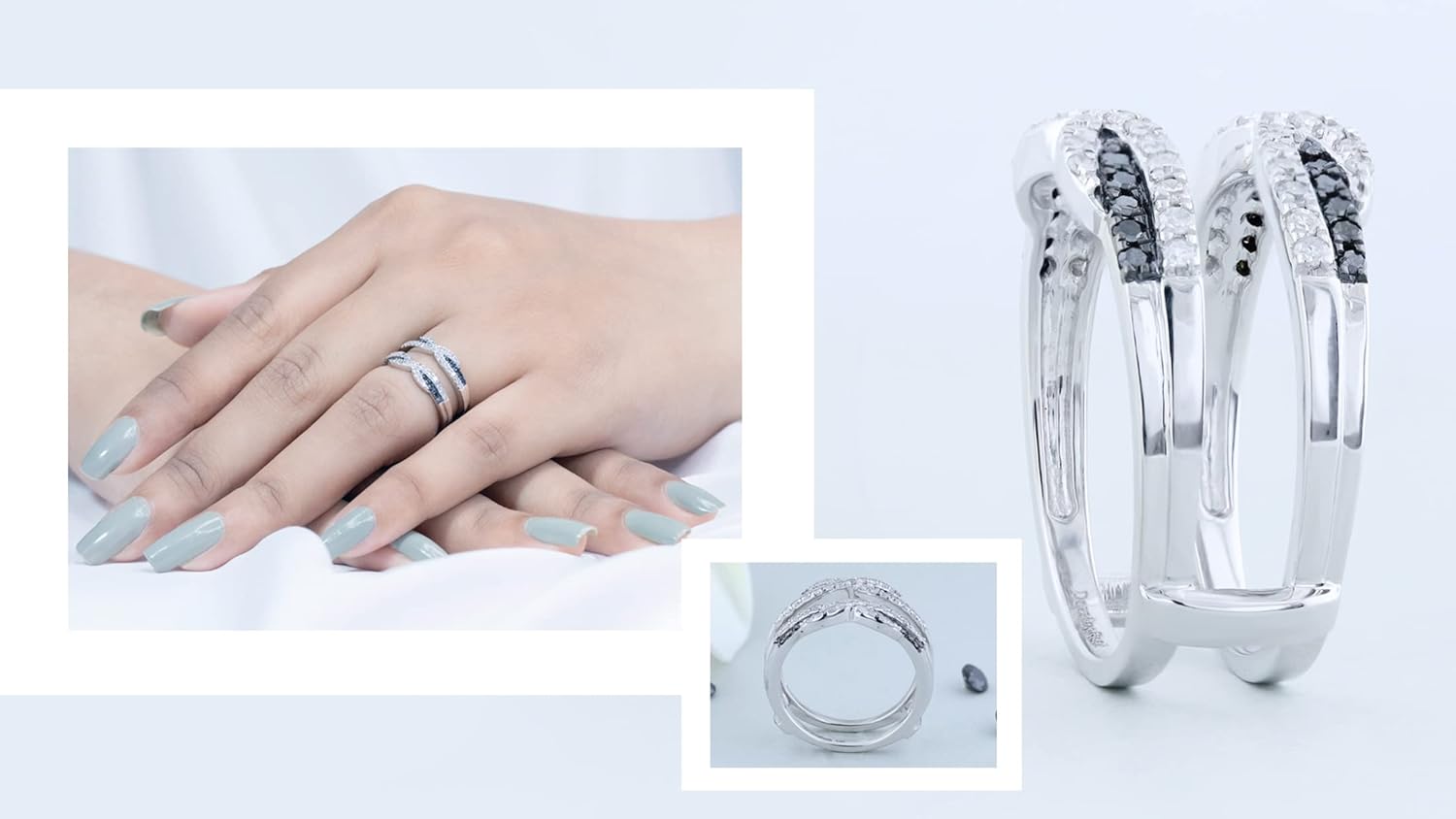 Dazzlingrock Collection 0.50 Ctw 14K Real Solid Gold Black & White Natural Diamond Women Swirl Wedding Enhancer Guard Double Band