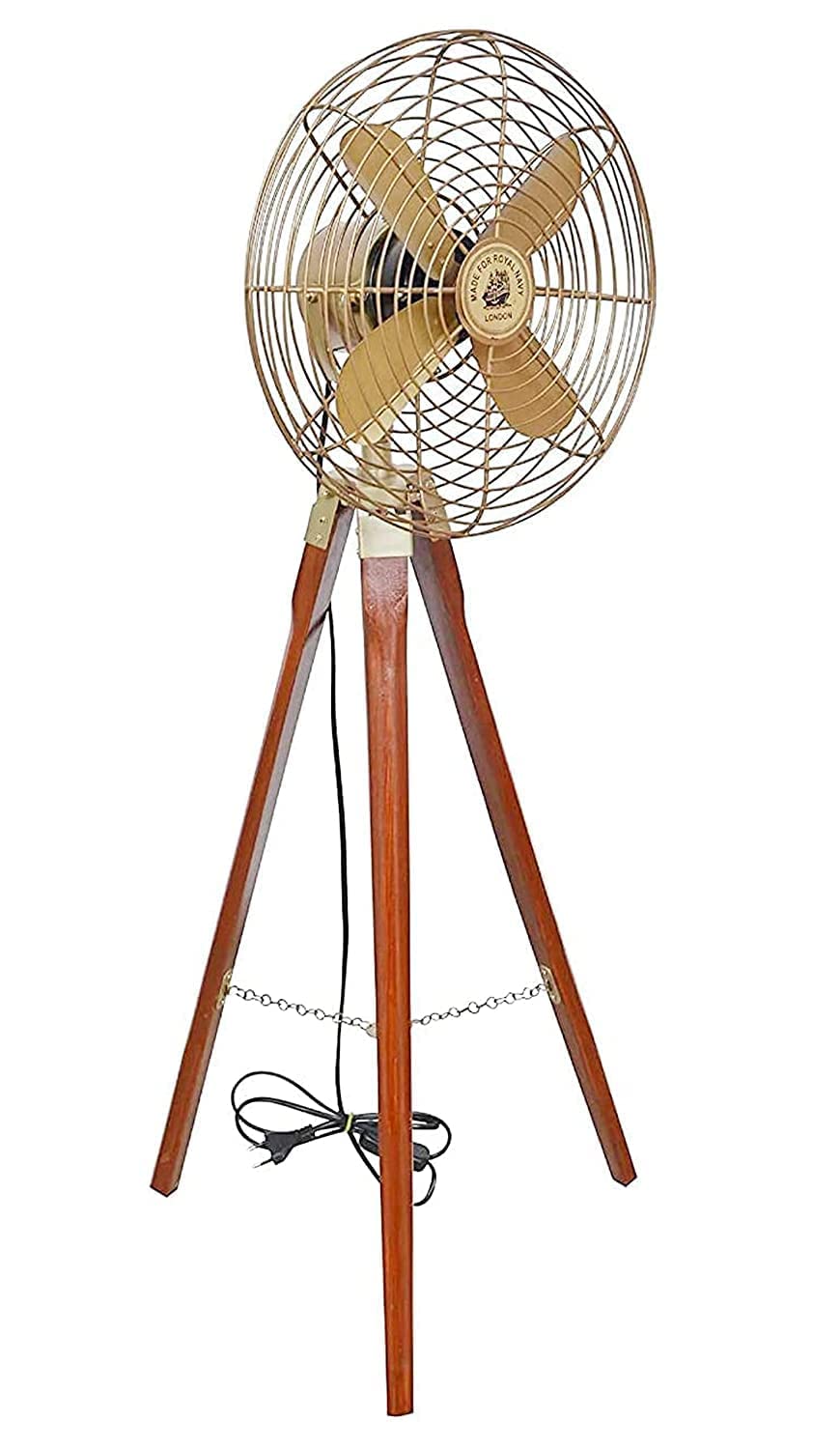 Handmade Floor Fan Brass Antique Royal Navy Fan With Brown Wooden Tripod Stand