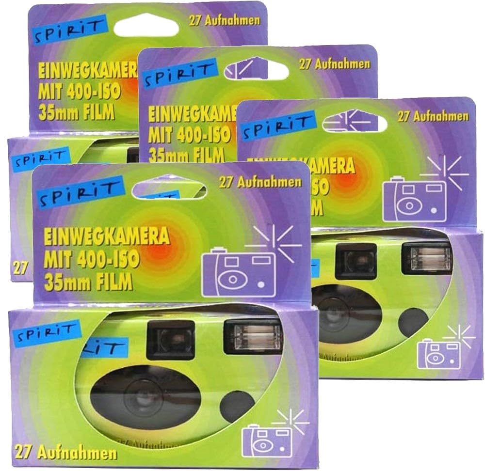 4X PHOTO PORST Einwegkamera Spirit Grün/blau (mit Blitz, Batterien, Film, je 27 Aufnahmen, 4er Pack)