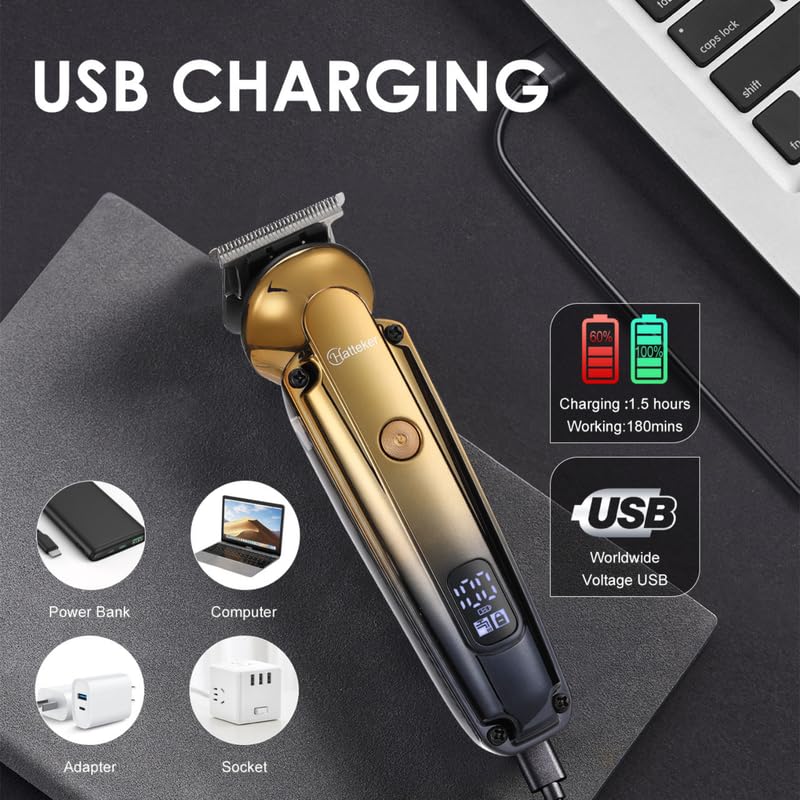 Image of HATTEKER HT-6168 Premium ABS Body 0 gapped T-blade Outlining for Barbers 0mm Hair Clipper Cutter Wireless Hair Grooming Set Beard Trimming & Styling IPX6 waterproof USB Type-C LED Display 180 Mins