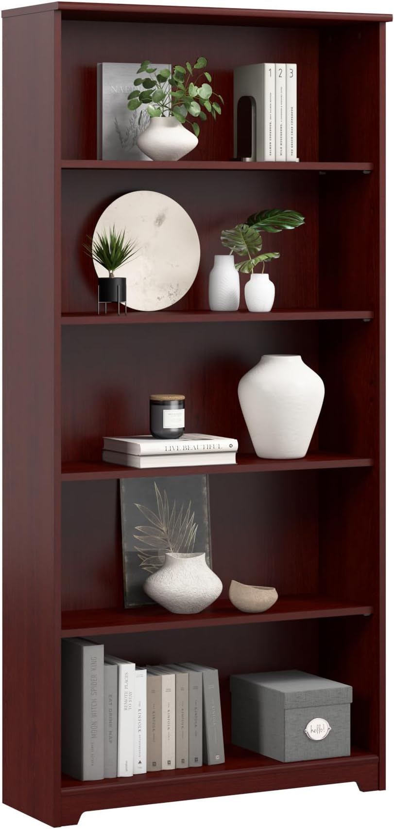 Tall 5 Shelf Bookcase, Large Open Bookshelf, Sturdy Display Cabinet for Living Room or Home Office, Cabot Collection, Harvest Cherry
