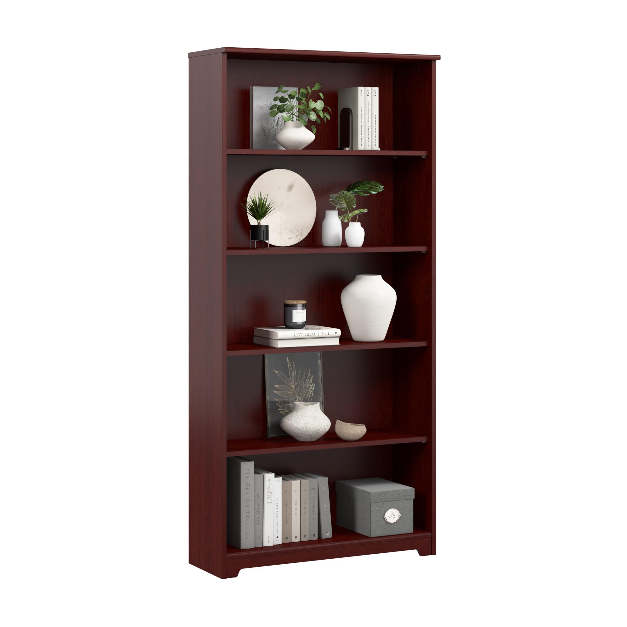 Bush Home Tall 5 Shelf Bookcase, Large Open Bookshelf, Sturdy Display Cabinet for Living Room or Home Office, Cabot Collection, Harvest Cherry