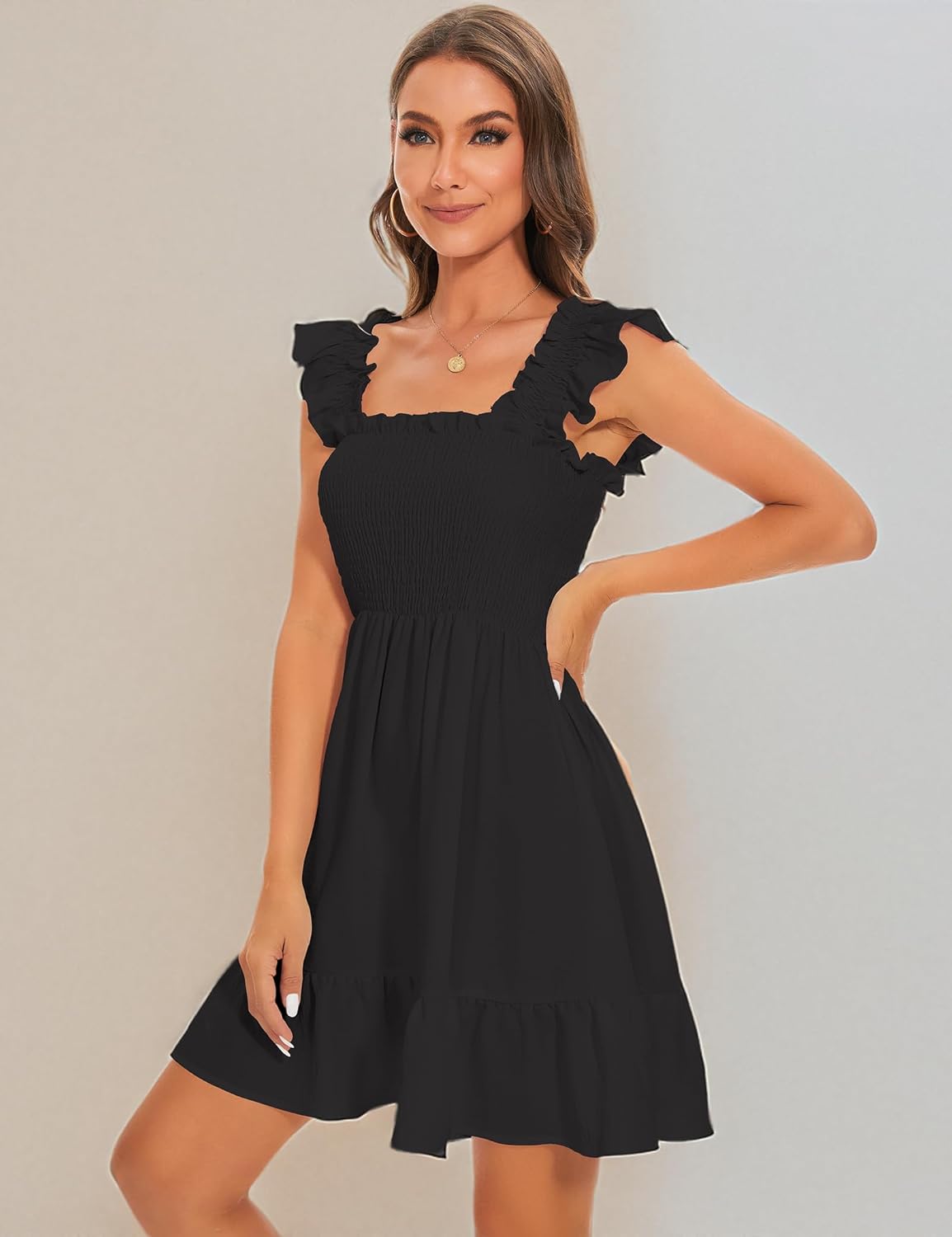 ROYLAMP Women's Smocked Dresses Square Neck Elegant Tiered Boho Ruffle Shoulder Swing Flowy Summer Casual Mini Dress - Image 7