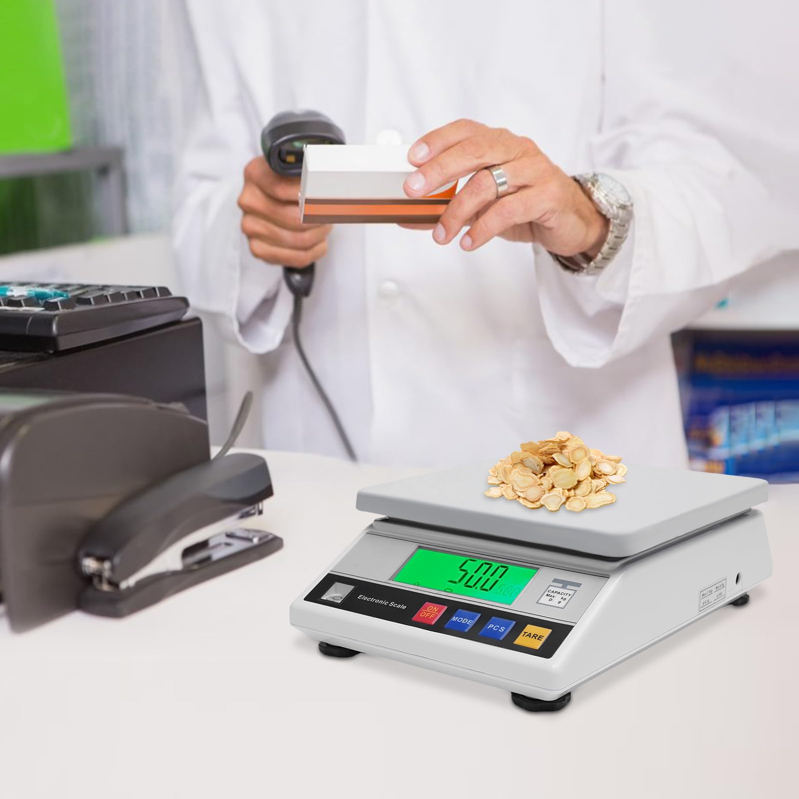 Báscula de laboratorio – 7500 g x 0,1 g – Báscula electrónica de alta precisión, digital y precisa con pantalla LCD, báscula industrial electrónica