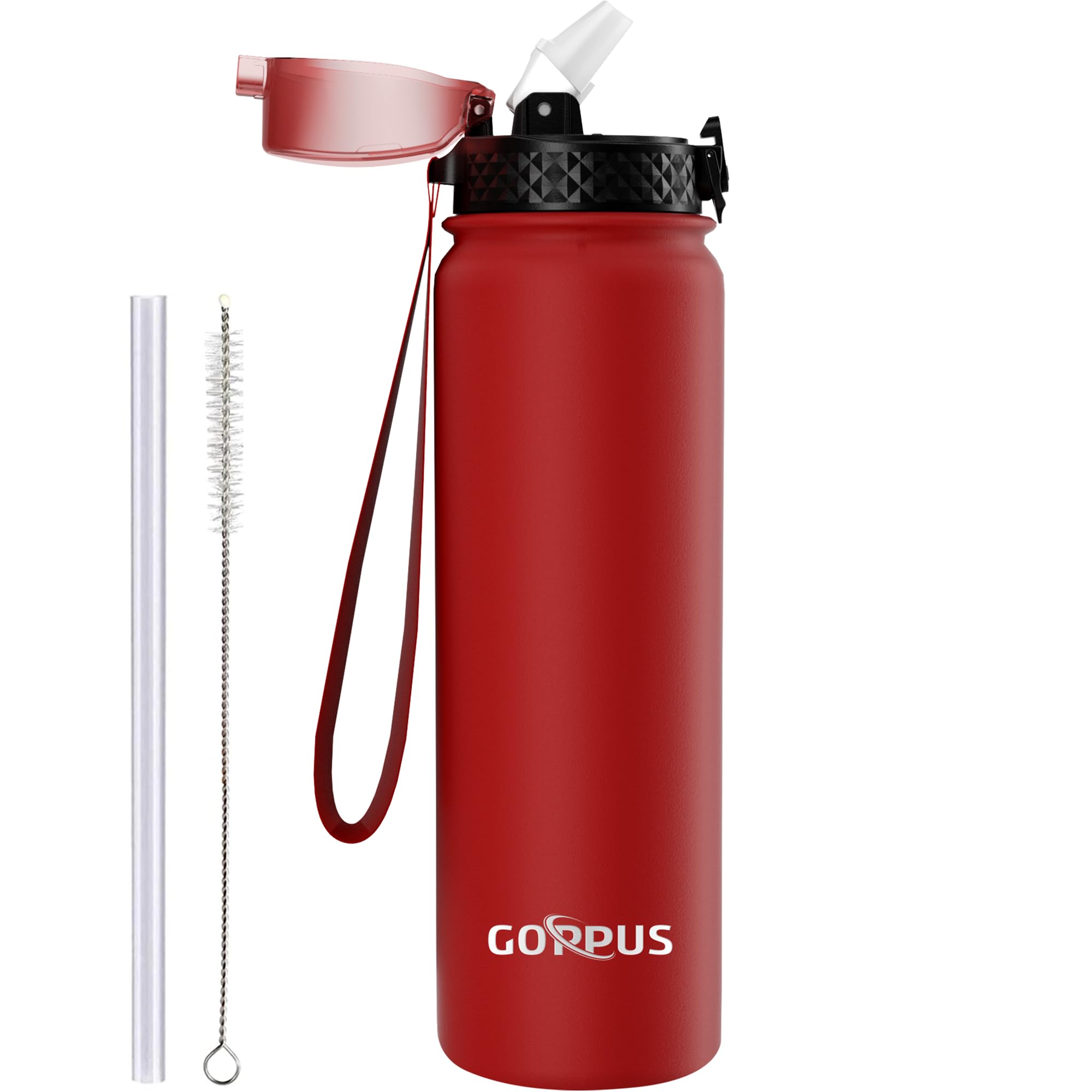 GOPPUS1L/32oz Stainless Water Bottle with Straw Double Wall Insulated Bottles with Strap Reusable Vacuum Thermal Flask Leakproof Keep Cold Drinks Bottles with Flip Top Lid for Gym Men Women BPA Free