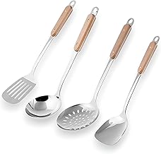 YOMITH Kitchen Cooking Utensils Set, 304 Stainless Steel Wooden Handle with Hanging Hook, Slotted Spatula, Spoon Soup, Turner, Colander, Cooking Spatula Set (Spatula 4 PCS Set)