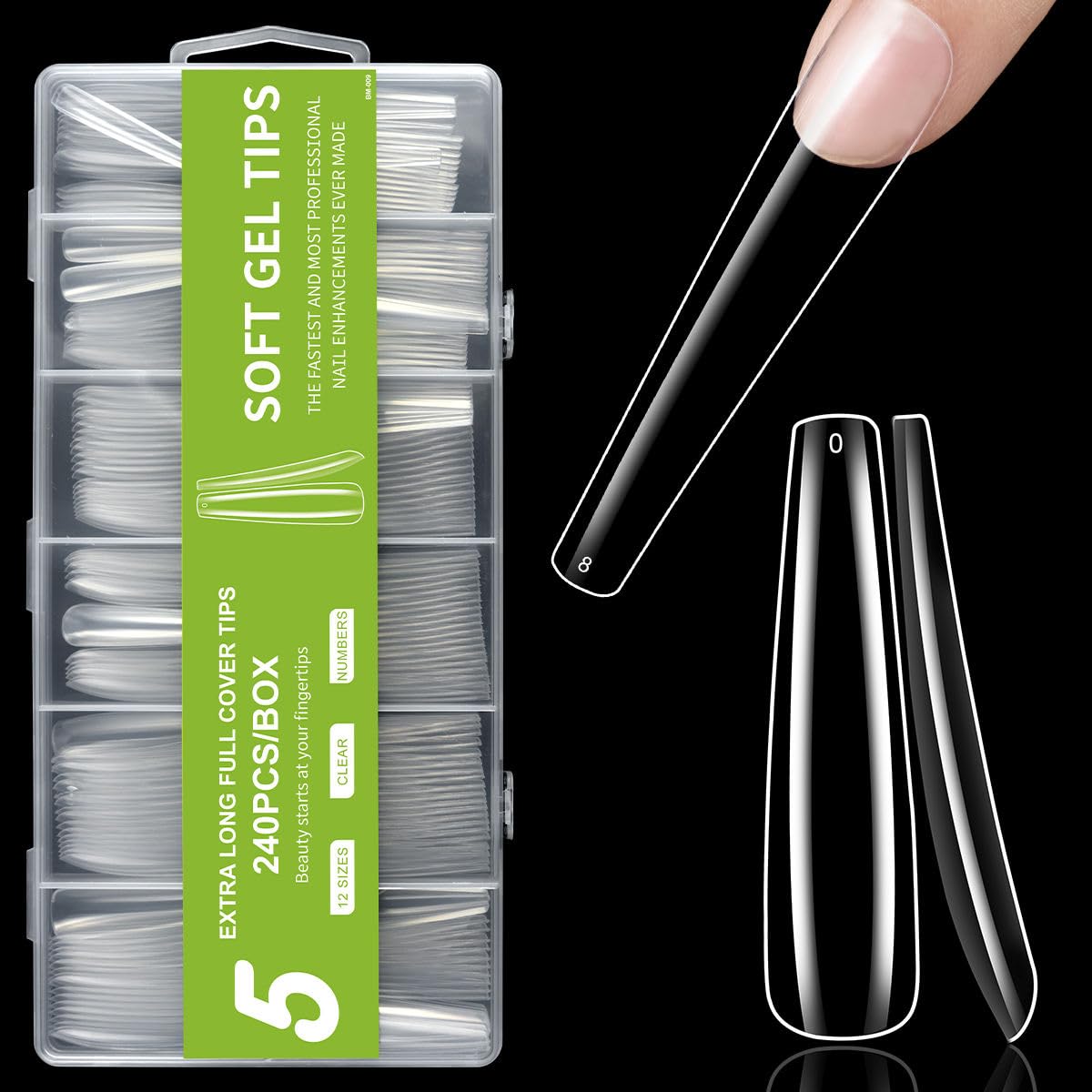 Molly Minx 3XL Square Nail Tips, 240PCS Clear Full Cover Artificial False Nails Tips, Extra Long Acrylic Nail Tips, XXXL Tapered Square's Fake Nails for Salons Home DIY Nail Art 12 Sizes (05 - curve Long Coffin, 240)