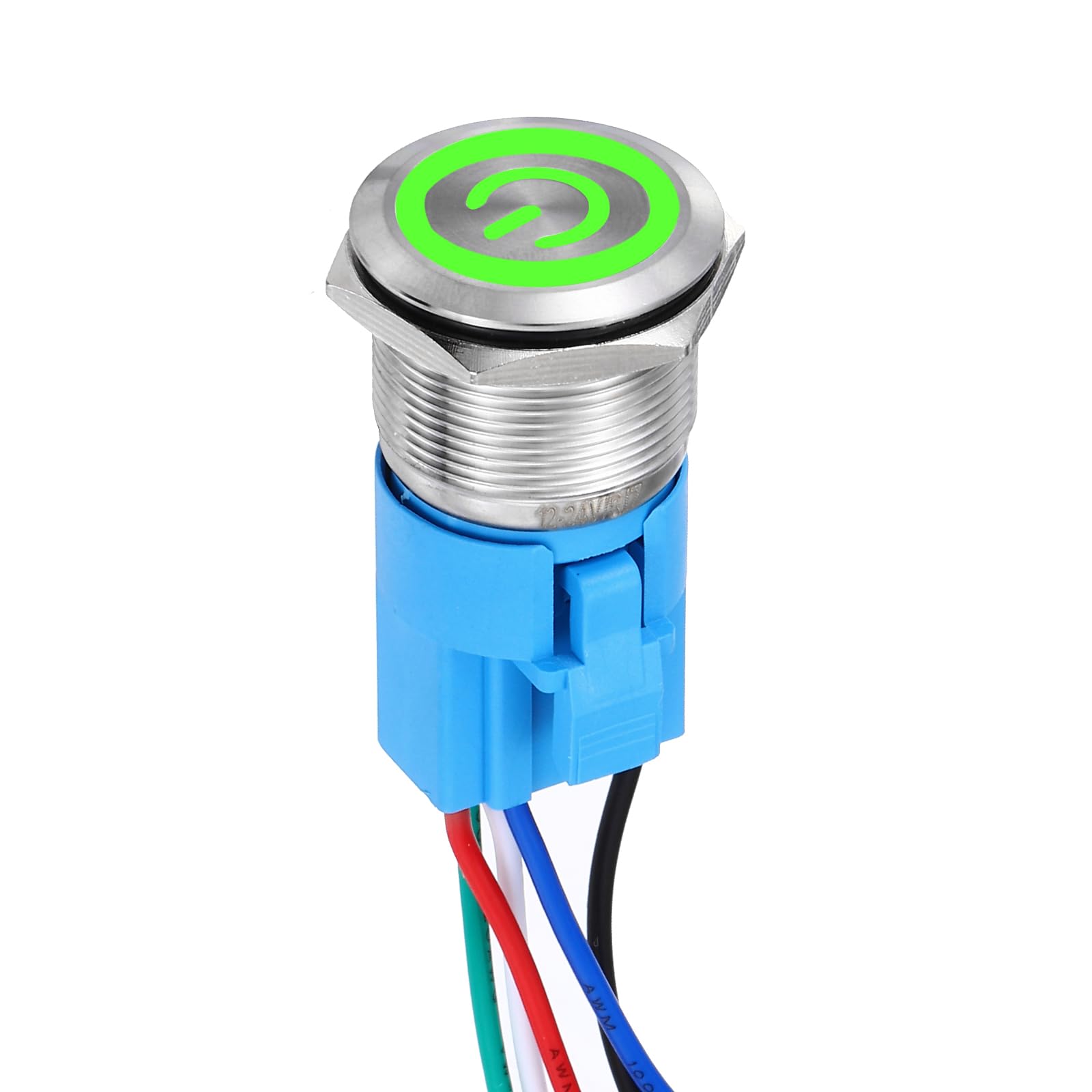 DMiotech 7/8 Inch Stainless Steel Latching Push Button Switch Flat Head 5A 12-24V Silver Shell 5 Pin with Cable Socket Green Switch LED 1NO1NC for Car Boat Systems Custom Setups