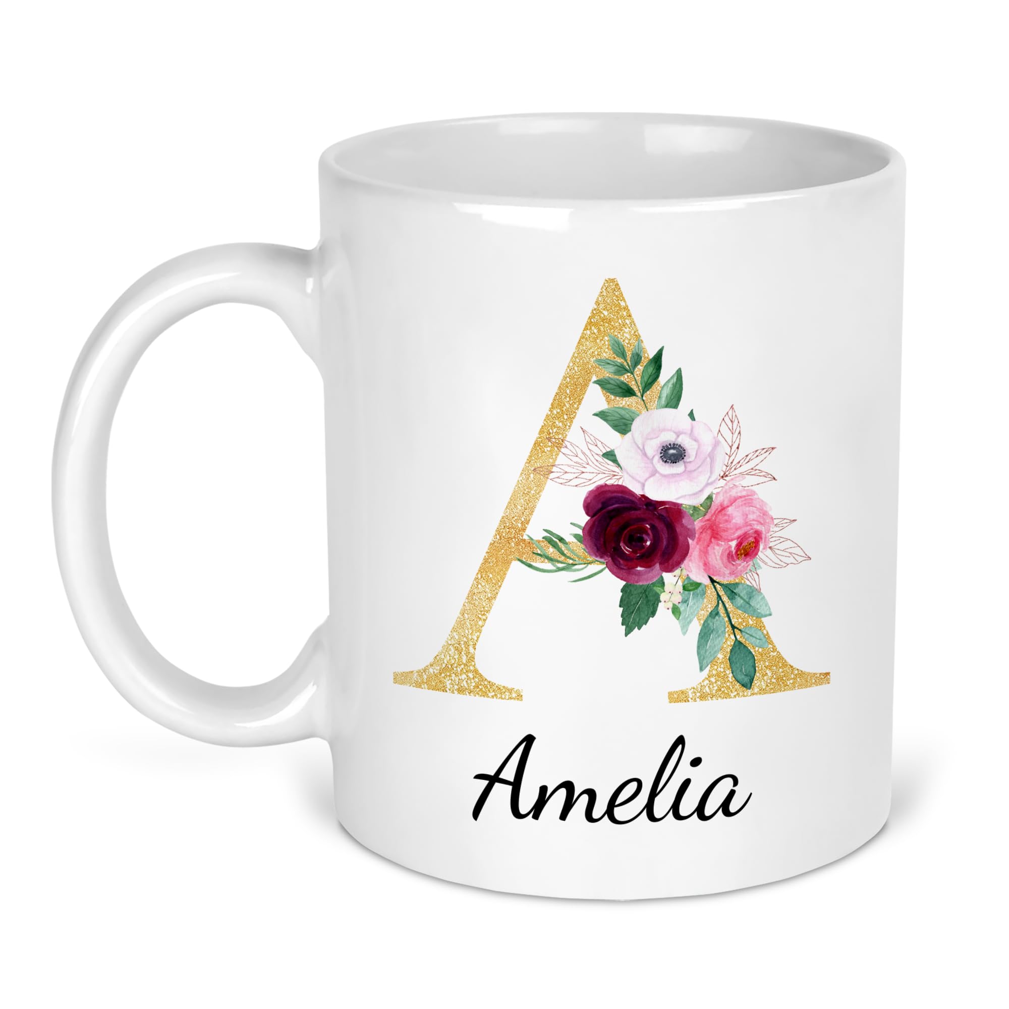 Chicken Craft Personalised Floral Initial and Name Mug Gold Letter Design
