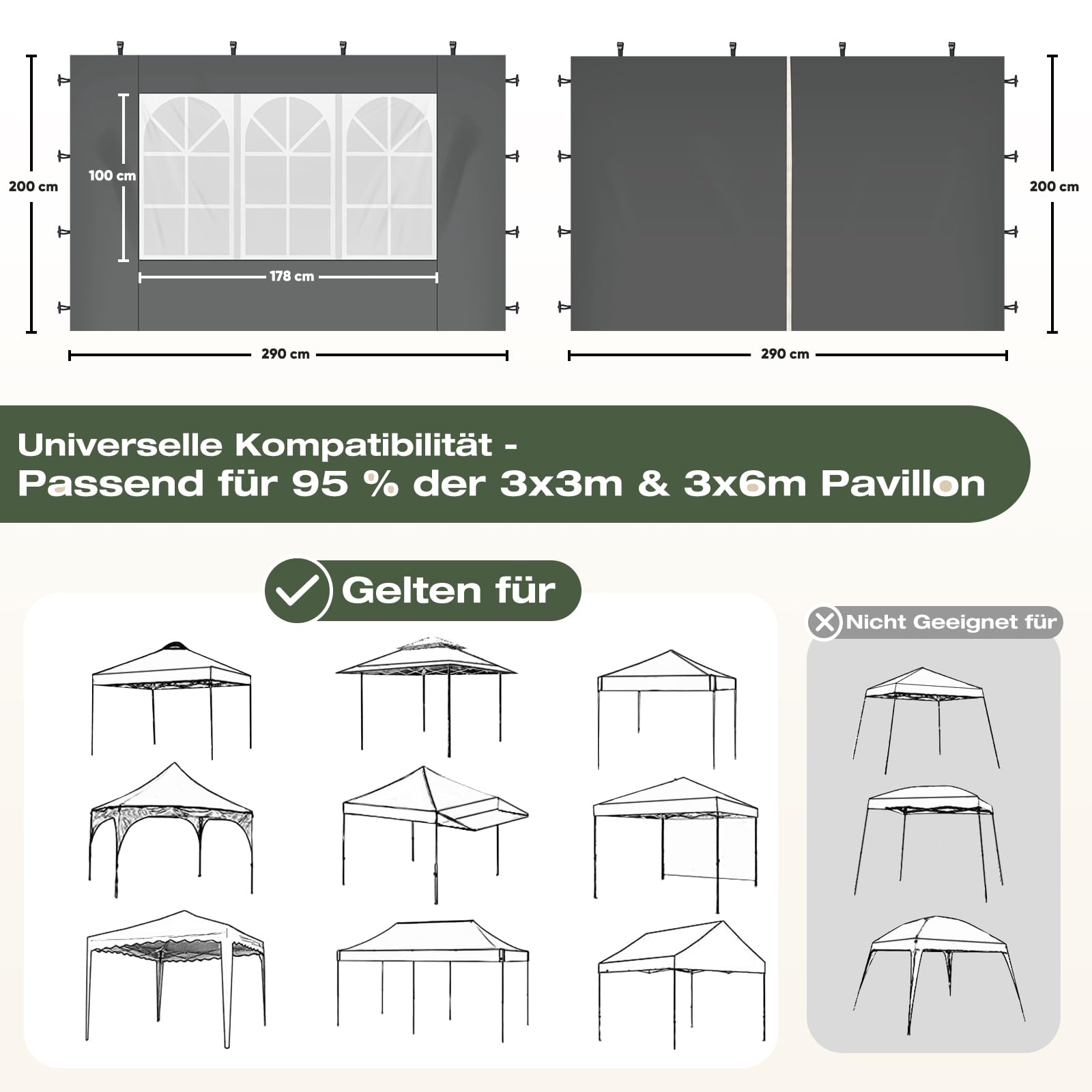 Sekey 2PCS Seitenwände für Pavillon 3x3 Wasserdicht Winterfest, Seitenwände für Pavillon Partyzelt Gartenzelt 3x3m, 1 Fenster 1 Tür, (Grau, 1 Fenster 1 Tür)