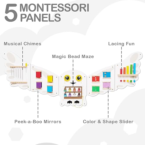 Miniatura 3 de Monläurd Montessori Owl Busy Board - Panel de pared sensorial para niños pequeños, tablero de actividades de madera para niños de 6 meses, juguetes