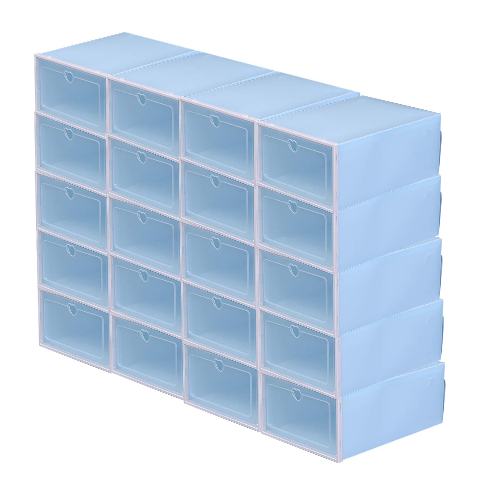 Set di 20 scatole per scarpe in plastica trasparente impilabile con coperchio flip top per scarpe fino alla taglia 52, in PP (blu)