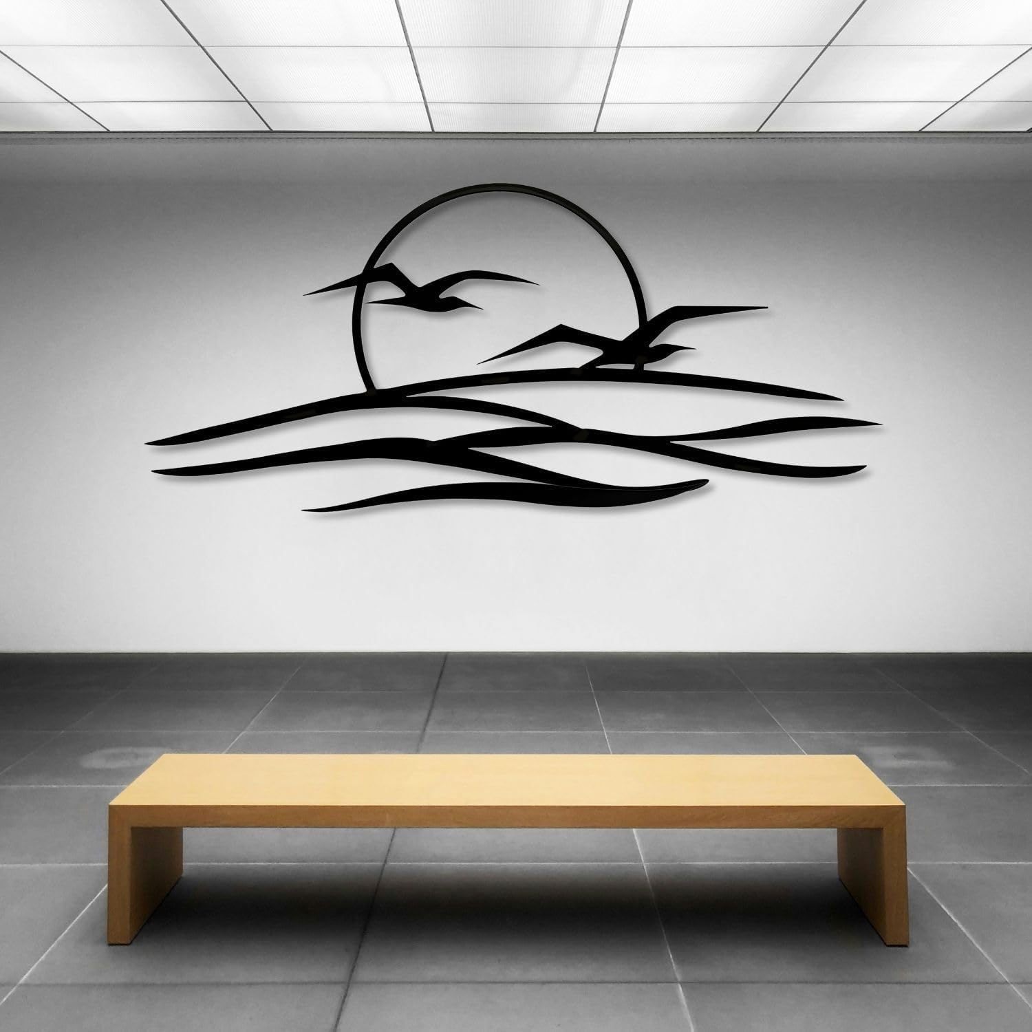 Seagulls Sunset Metal Wall Art - Abstract Beach Art, Sunrise & Sunset Nature Scene for Indoor & Outdoor Spaces, Coastal Ocean Wall Hanging (Black, 69"