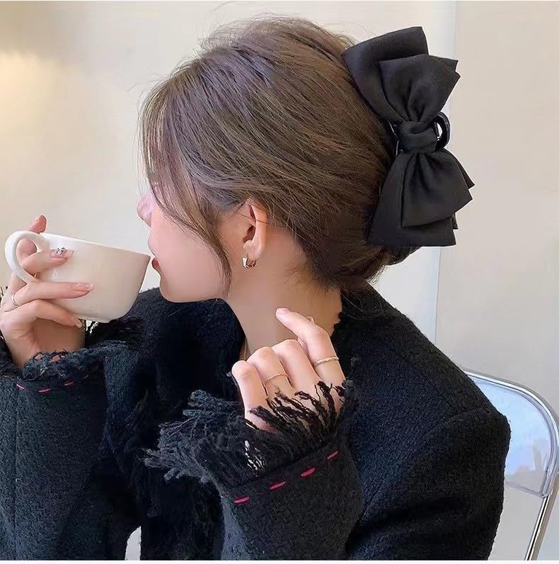 Black Bow Hair Clips for Women Girls 2Pcs Velvet Silky Satin Bow Claw Clip for Long Curly Thick Hair Strong Hold Bowknot Hair Barrettes Claw Jaw Nonslip Hair Catch Clamps Large Hair Accessories - Image 3