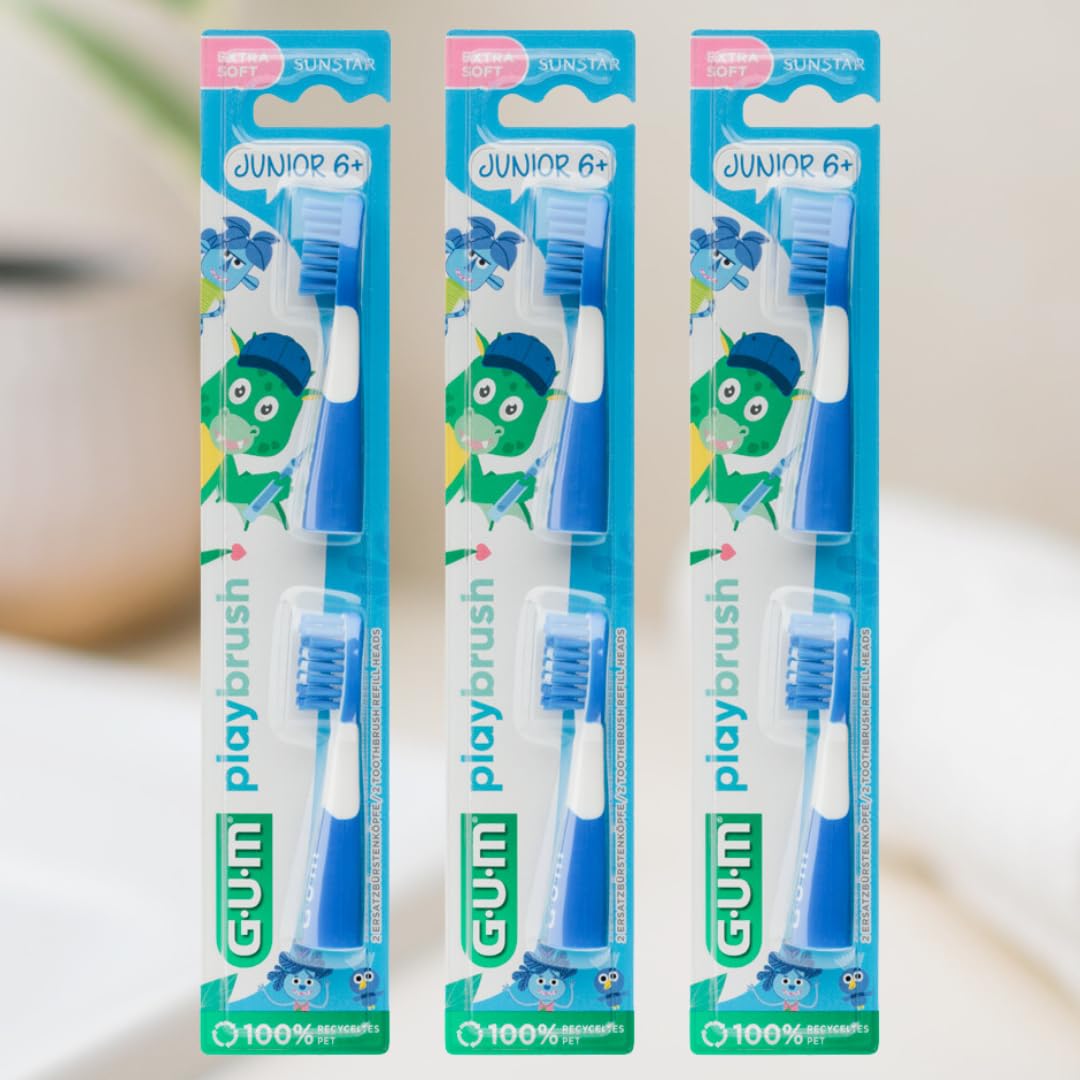 Playbrush JUNIOR 6+ tête de brosse gum compatible brosse à dents électrique brins extra-souples 3x2 têtes Bleu