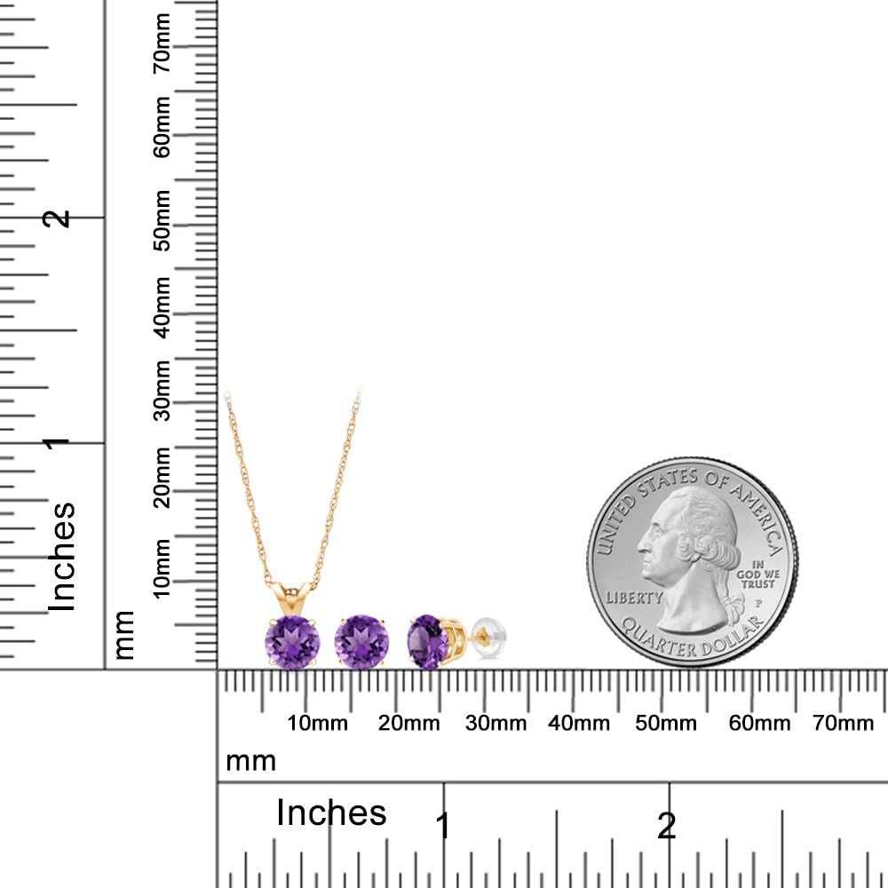 Gem Stone King 14K Yellow Gold Purple Amethyst Pendant Earrings Jewelry Set For Women | 1.35 Cttw | Gemstone February Birthstone | Round 5MM | with 18 Inch Chain - Image 3