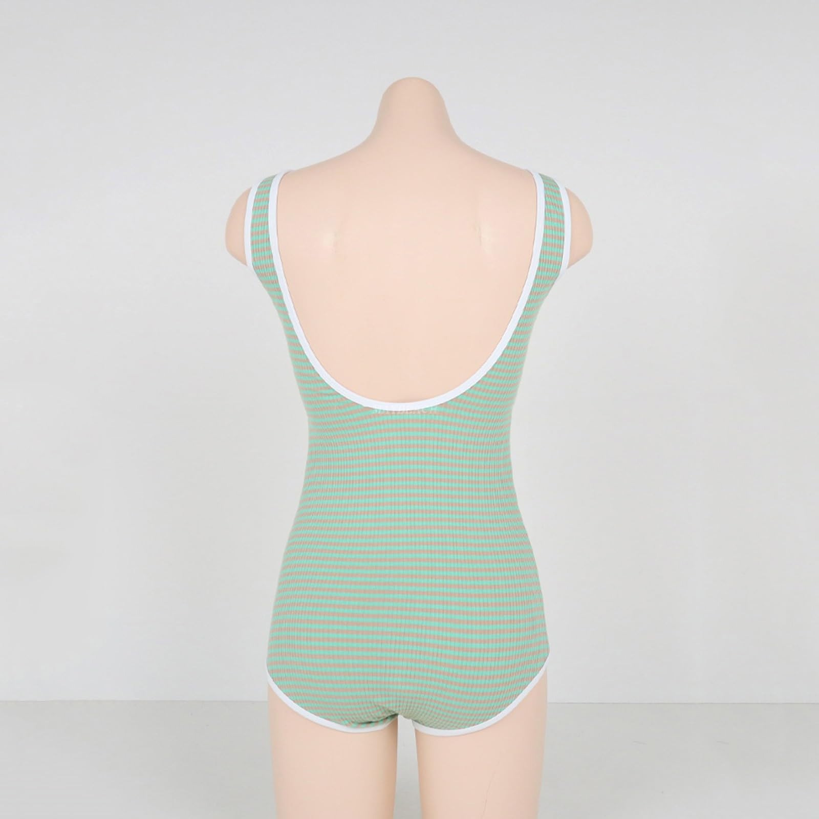 Bañador de Una Pieza A Rayas para Mujer, Escote Redondo Cuadrado, Tirantes Anchos, Diseño de Espalda En Forma de U, Ideal para Las Vacaciones En La Playa
