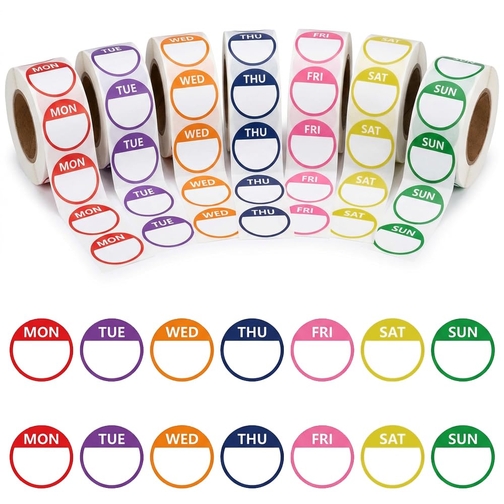 7 Pack Rolls, 3500Pcs Total (500Pcs/Roll) Day Dots Food Labels Stickers, 2cm Round Color Coded Dot Stickers Monday–Sunday, Food Date Labels, Kitchen Stickers for Jars, Bottles & Meal Prep