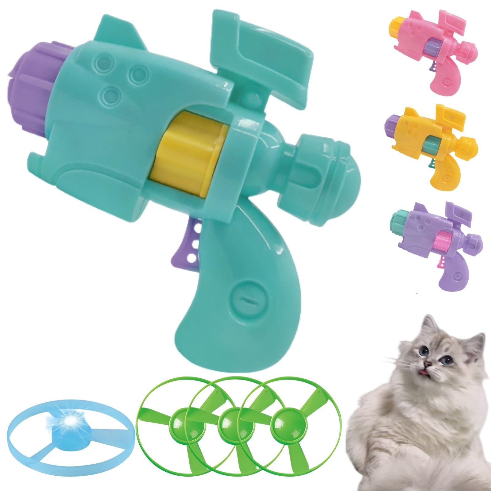 Light-Up Flying Disc Cat Launcher Set, Cat Fetch Toy with Colorful Flying Propellers Set, Flying Disc Launcher Toy, Includes 3 Discs 1 Luminous Toys (Blue)