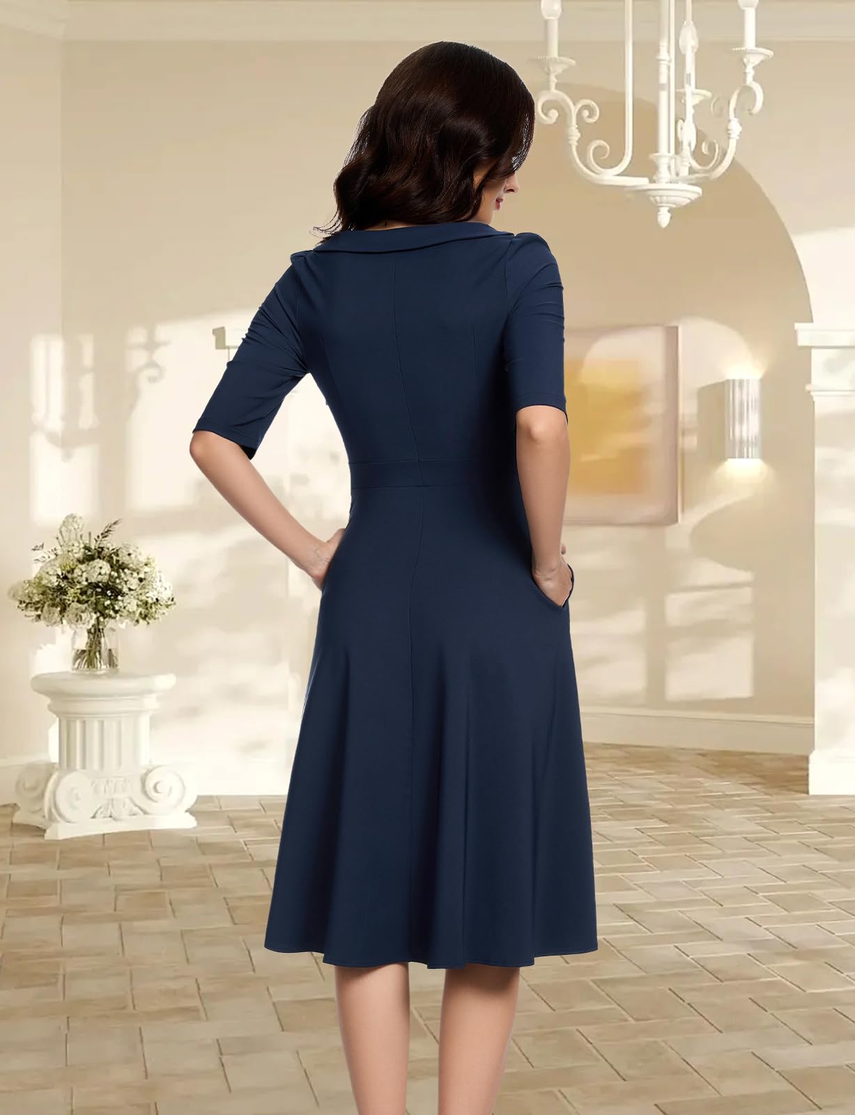 Bbonlinedress Robe Femme Chic Elegant Vintage pour Soirée Cocktail Déguisement Mariage Robe Hiver Mi Longue Col avec Bouton Manches 1/2