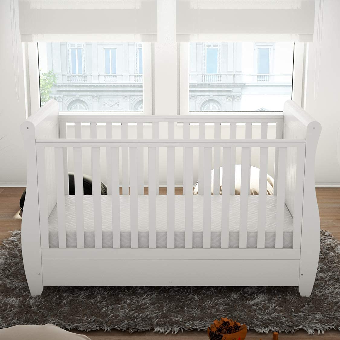 Babymore Stella Sleigh Cot Bed Drop Side with Drawer Solid Pine Wood