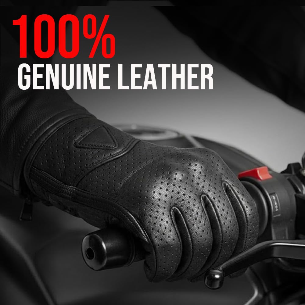 Jackets 4 Bikes Męskie rękawice motocyklowe, skóra premium, perforowana, pancerz ochronny, na cruiser Street, sporty motorowe, wyścigi, jazdę, ATV, Dirt Bike, żelowe, wyściełane rękawiczkami, czarne,