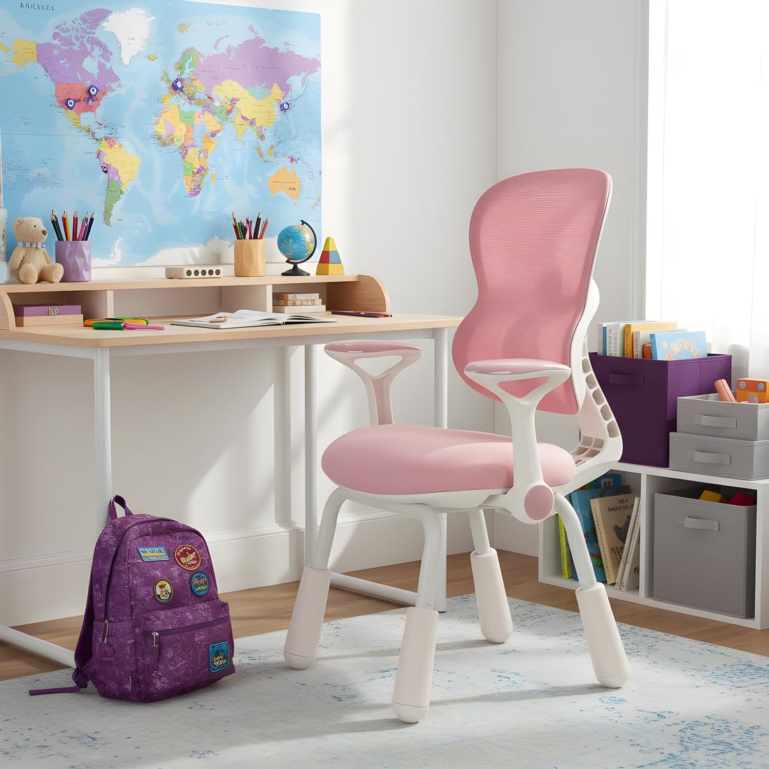 Spacetronik Schreibtischstuhl Kinder ohne Rollen, Sitzhöhe 38-46cm höhenverstellbar, Kinderstuhl mit klappbarer Armlehne, Kinderschreibtischstuhl für Jungen & Mädchen