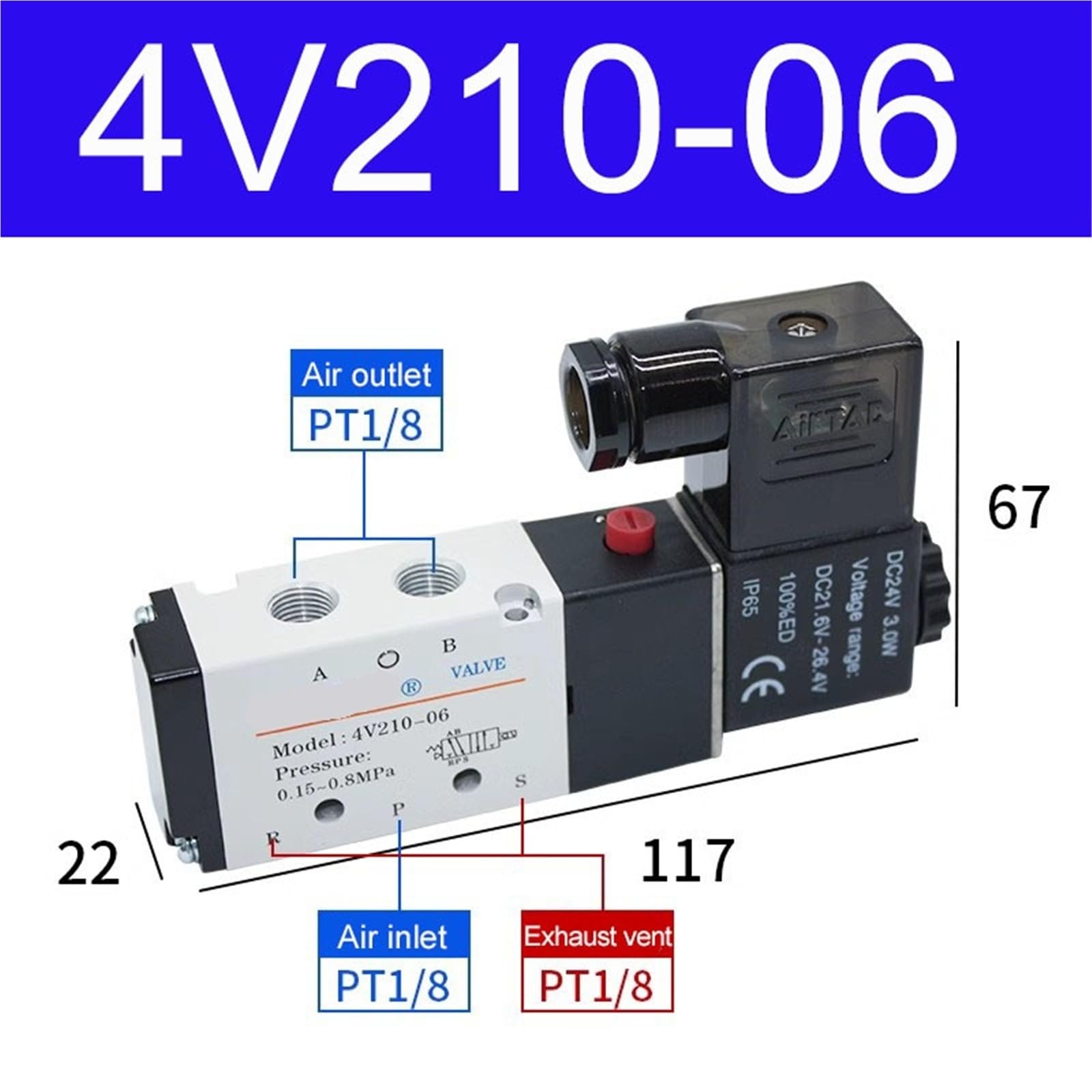 Electroválvula neumática de 5/2 vías 4V110-06, 4V210-08, 4V310-10, 4V410-15, 12 V, 24 V, 110 V y 220 V, válvula de control de dirección(4V210-06,DC24V)
