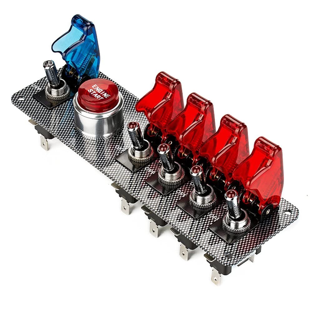 Panel de interruptor de encendido Flip-Up DC12 V, 5 en 1, botón de arranque para motor de coche, botón de encendido LED para carreras, competición (4 azul 1 rojo) (4 rojo 1 azul)
