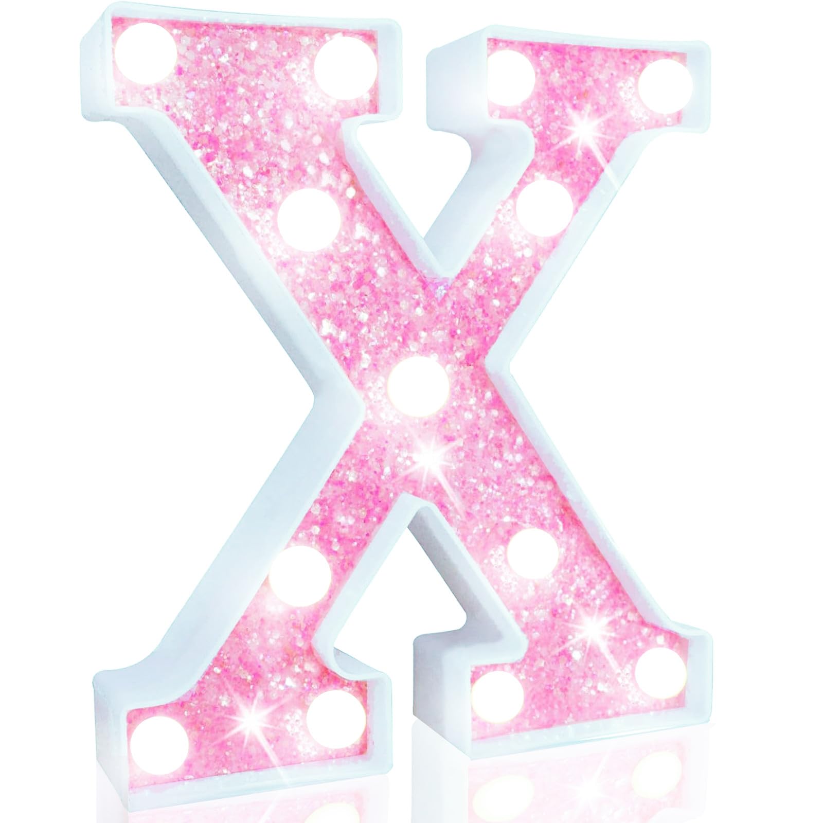 Pooqla LED Marquee Letter Lights, Light Up Letters Glitter Letter Sign Girls Gift, Battery Powered Night Light Pink Birthday Party Room Wedding Christmas Girls Bedroom Dorm Decoration, Cool White X