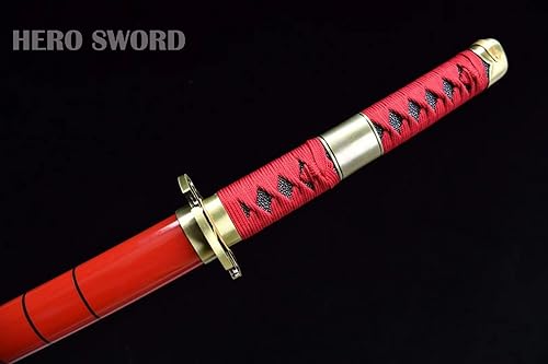 Miniatura 8 de HERO SWORD - Espada de anime Zoro hecha a mano, arcilla muy afilada, acero templado T10 de una pieza, Katana, hoja roja y negra, armas japonesas