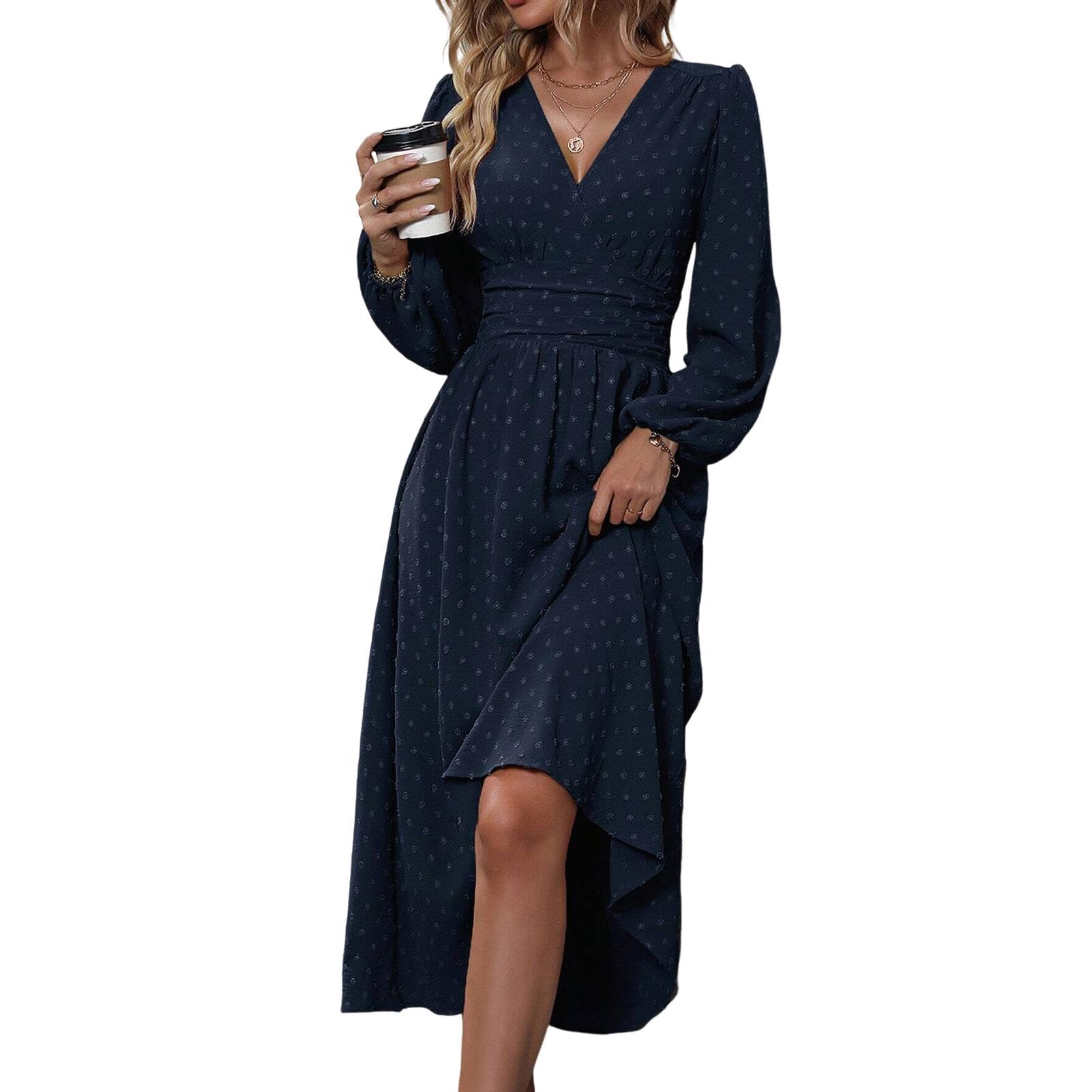 Vestido midi de primavera y otoño para mujer, cuello en V, mangas largas de burbujas, vestido plisado acampanado, cintura delgada, vestido de longitud media pantorrilla para fiesta de graduación y