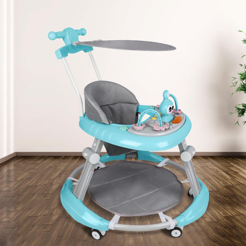 Trotteur Bébé Pliable pour Nourrisson de 6 à 18 Mois - Trotteur pour bébé avec Roues Silencieuses pour Enfant Garçons et Filles - Hauteur Réglable, Rangement Facile-70 * 70 * 91cm- Bleu