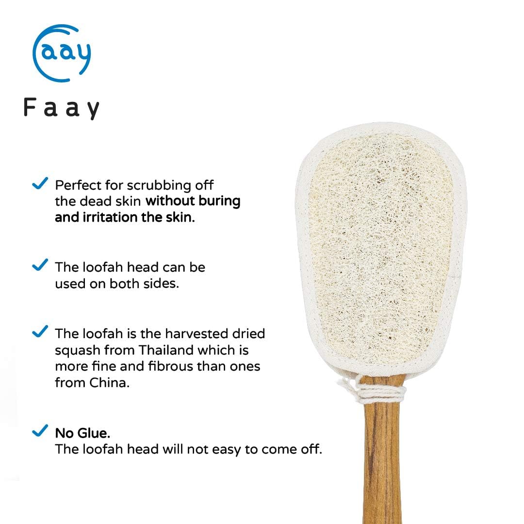 FAAY Depurador de espalda de lufa exfoliante natural de 17 pulgadas en un palo con recambios de almohadillas de esponja Luffa - Cepillo de ducha y baño corporal de mango largo para hombres y mujeres