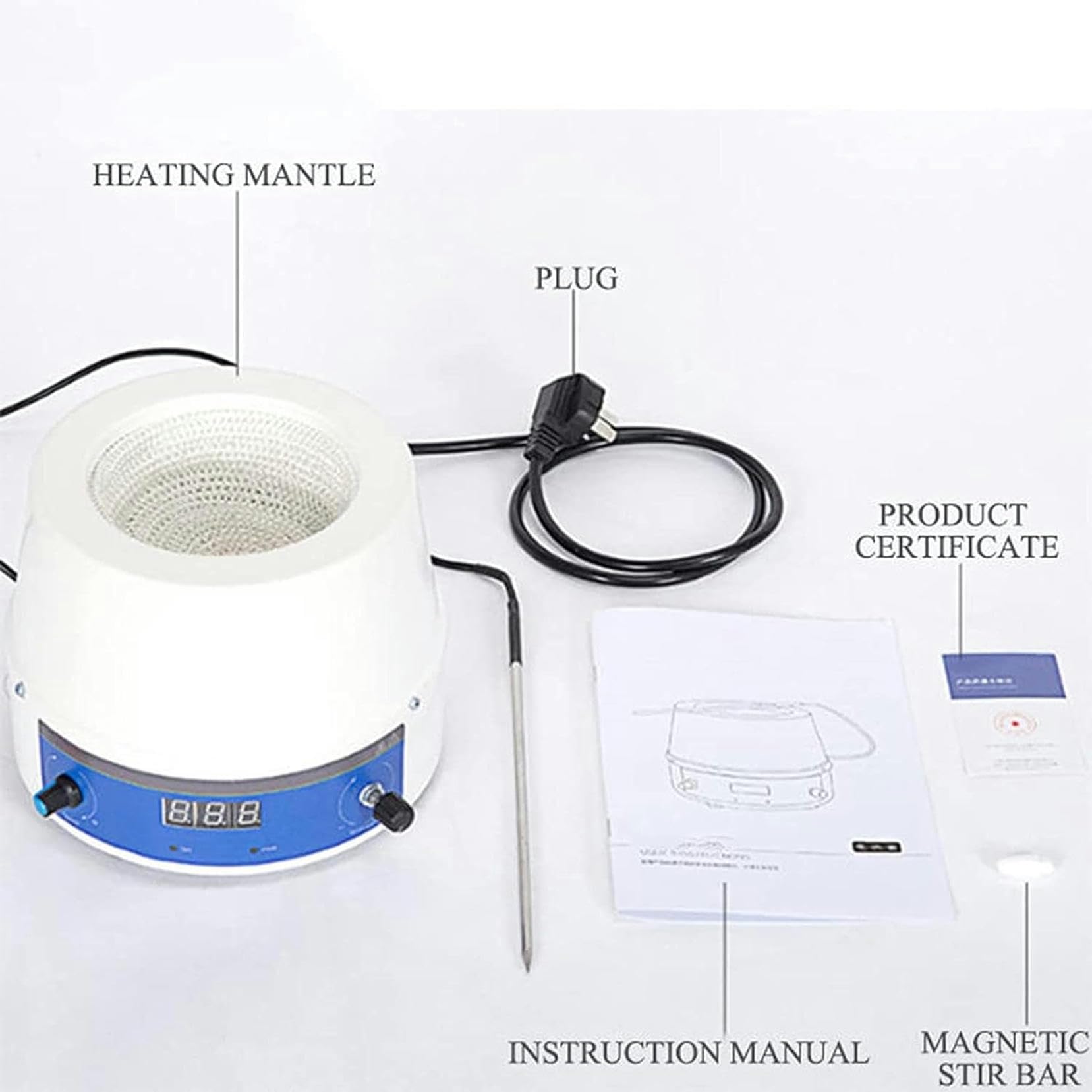 Manto Calefactor con agitador LED, Manto Calefactor eléctrico de Laboratorio con agitador magnético, Control de Temperatura Digital Inteligente, Capacidad de 1 l, -380 °C, para Cal