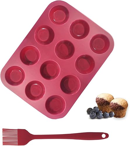 Mini molde de silicona para magdalenas, 12 tazas con cepillo de silicona para pastelería para hacer mini muffins de huevo, dieta keto, sin BPA, rojo