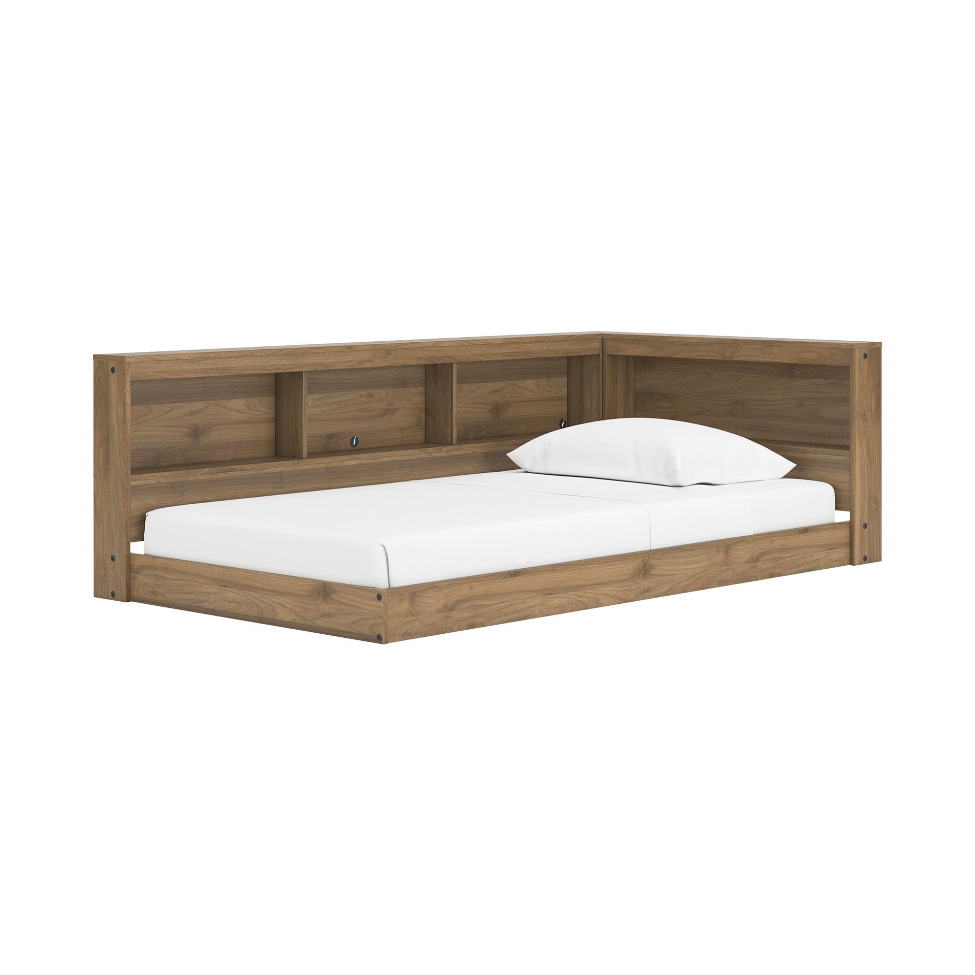 Photo 1 of *** PARTIAL SET *** Signature Design by Ashley Deanlow Bookcase Storage Bed, Replicated Walnut Wood-Look Platform, Mid-Century Modern Casual Style, Integrated Bookshelf Side Rails, Honey Brown, Twin