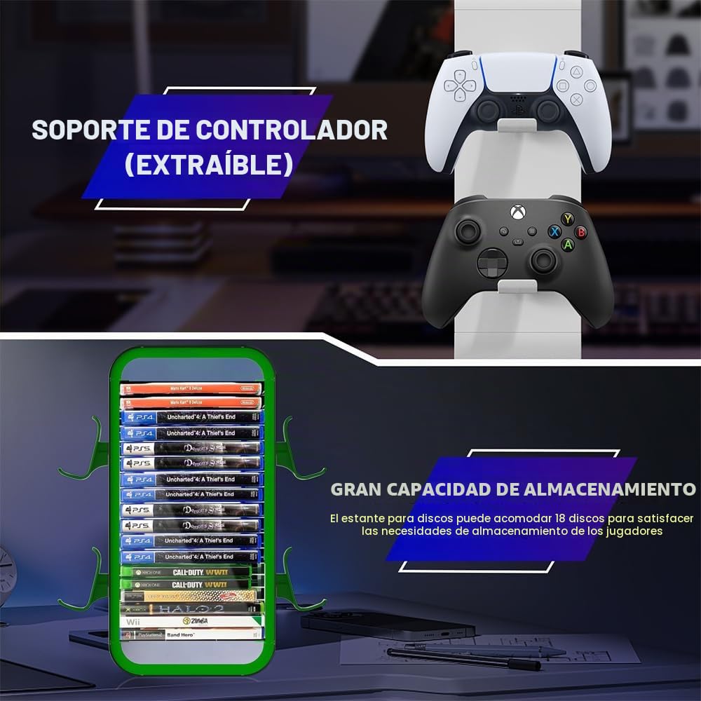 Torre de Almacenamiento de Juegos para PS5/ Xbox Series S & X/Switch, Organizadores Universales de Discos de Videojuegos, Almacena 18 Juegos, con 4 Soportes de Controlador (Grün)