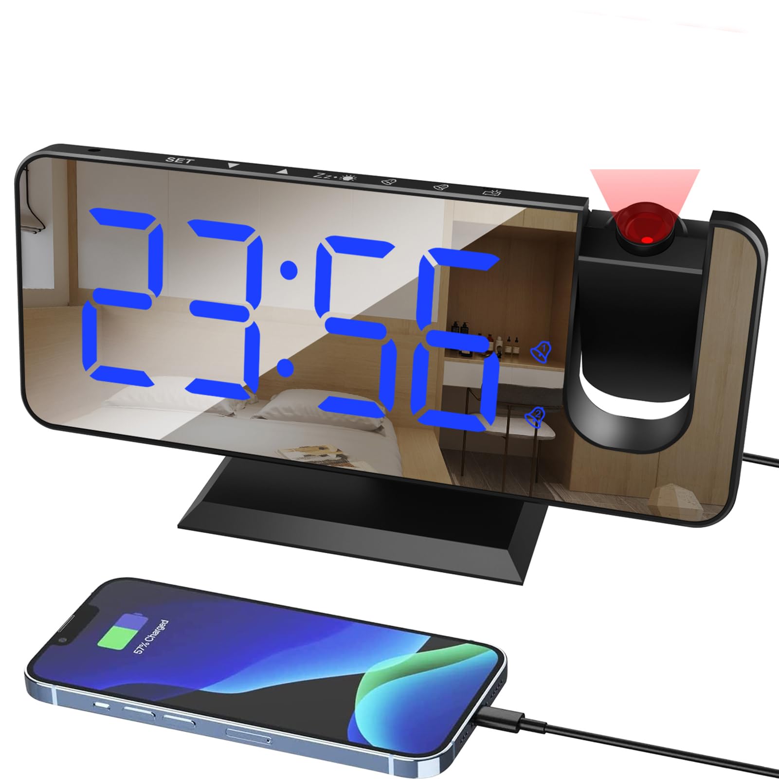 Sveglia con proiezione Orologio digitale da comodino con proiettore a 180° 7,4 '' Ampio schermo a specchio Display Porta di ricarica USB 4 livelli Luminosità Dimmer Snooze Dual Alarm Setting