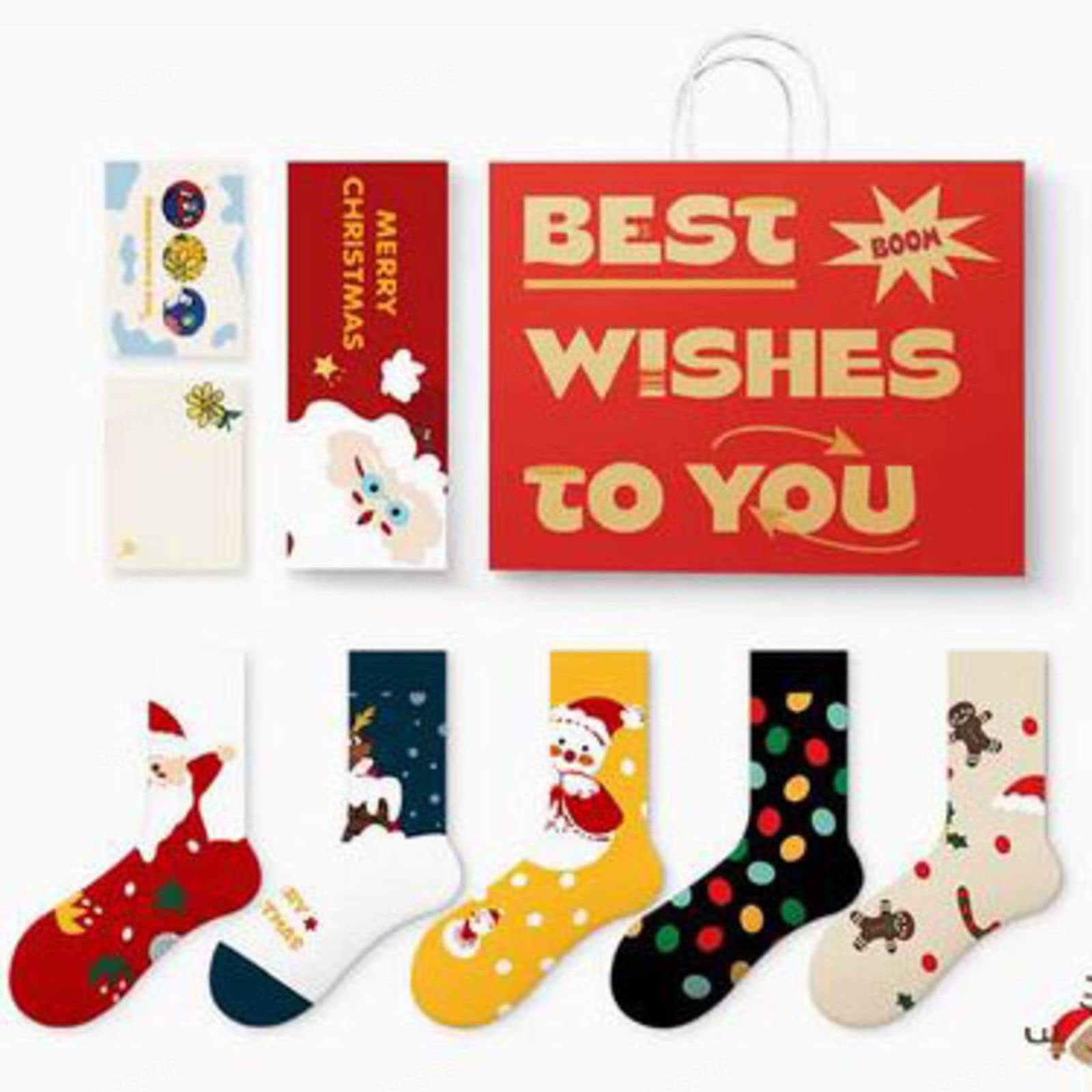5 Pares de Calcetines navideños para Hombre, Novedad, Calcetines navideños, Calcetines clásicos de Papá Noel, Calcetines navideños para Hombres y niños,Christmas Box A-One Size