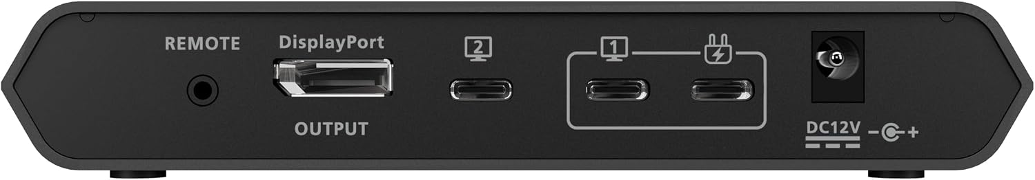 Rear view of the IOGEAR KVM showing DisplayPort output, USB-C host ports, remote port, and power input