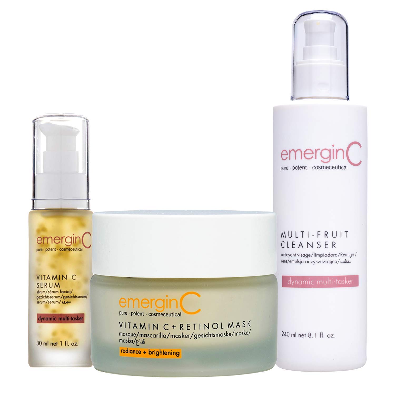emerginC Vitamin C Bundle with Gentle Multi-Fruit Cream Cleanser (8.1 oz, 240 ml), Vitamin C & Retinol Exfoliating Mask (1.7 oz, 50 ml) & 12% Vitamin C Facial Serum (1 oz, 30 ml)