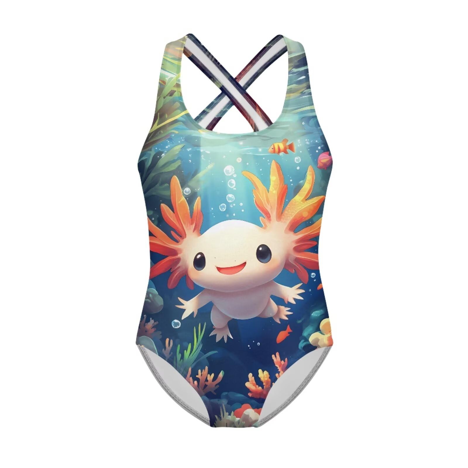 Girls One Piece Swimsuits Axolotl Cross Back Swimwear Beach Summer Quick Dry Beach Bathing Suit