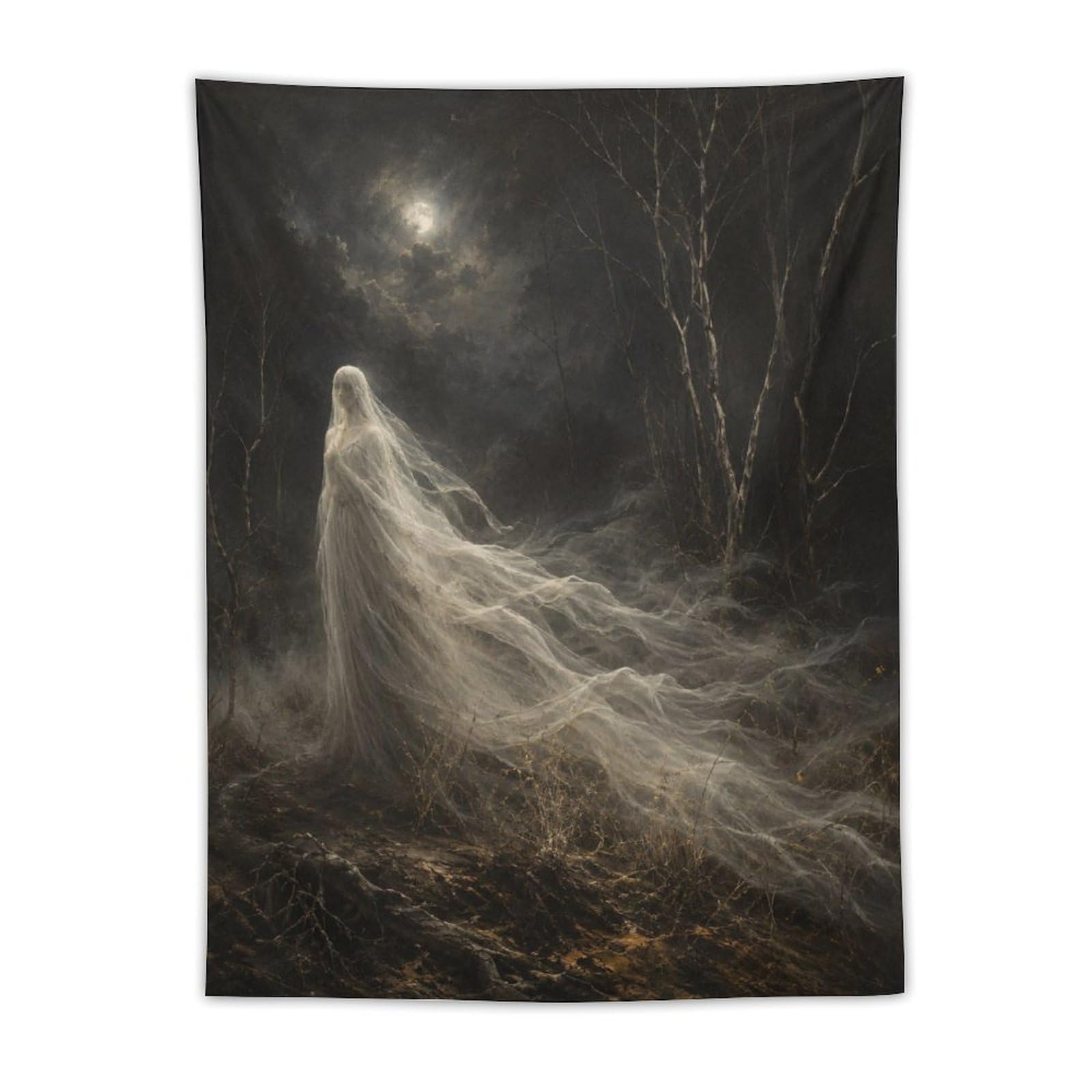 H3B8U2Y5 Moonlit Forest Ghost Wall Tapestry, Dark Fantasy Illustration