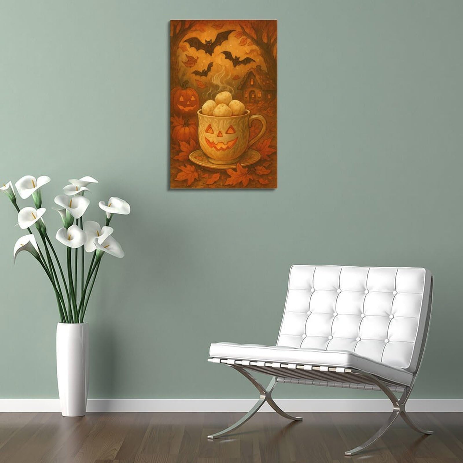 Poster moderno da parete su tela, stampa artistica da parete, poster di Halloween, tazza di zucca, bevande calde e ha un senso del festival, decorazioni per Halloween, 50 x 75 cm, con cornice